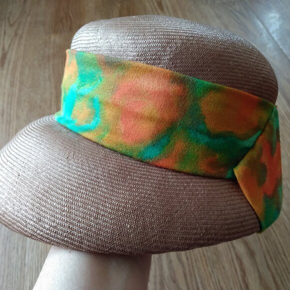 Vintage Taupe Straw Hat Tropical Orange Green Sash Sunhat Front Brim Rockabilly - Picture 11 of 12